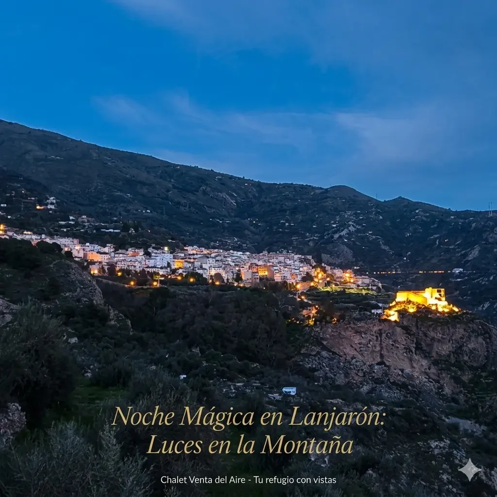Despierta con la historia a tus pies. Las mejores vistas de Lanjarón te esperan aquí. Castillo de Lanjarón iluminado de noche desde el Chalet Venta del Aire